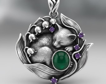 Sleeping Cat Pendant Silver Floral Frame Green Cabochon Purple Stone Necklace Charm