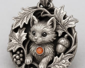 925 Sterling Silver Fox Pendant, Woodland Oak Leaf Acorn Necklace, Orange Cabochon Forest Animal Jewelry Gift