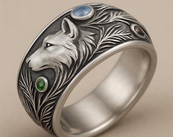 Anello lupo in argento sterling, fascia larga foresta boschiva, anello natura pino, gioiello totem animale ossidato dalla vestibilità comoda