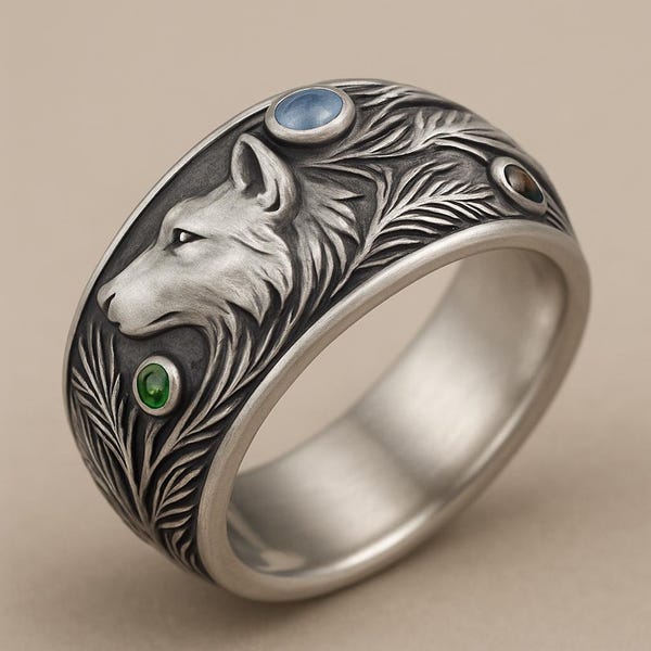 Sterling Silver Wolf Ring, Woodland Forest Wide Band, Pine Tree Nature Ring, Comfort Fit Oxidized Animal Totem Jewelry