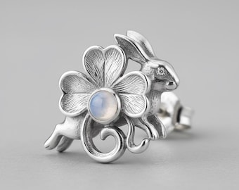 Rabbit Flower Stud Earrings Silver Blue White Stone Animal Ear Posts