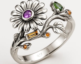 Sterling Silver Daisy Ivy Ring with Amethyst Citrine Sapphire | Floral Nature Statement Jewelry
