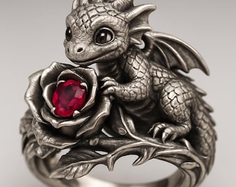 Baby Dragon Ring Sterling Silver with Red Crystal, Fantasy Gothic Rose Ring, Cute Dragon Jewelry Gift for Her or Him