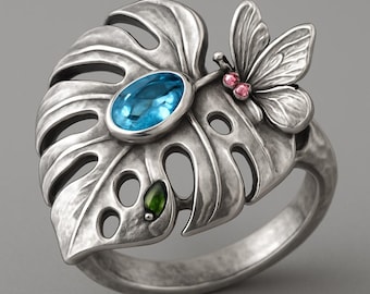 Sterling Silver Monstera Leaf Butterfly Ring with Blue Topaz & Gemstones | Botanical Statement Ring | Nature Jewelry