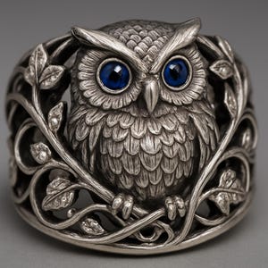 Peut inclure: Bague en argent détaillée représentant un hibou aux yeux bleus en pierres précieuses. Le hibou est perché sur une branche avec des feuilles, et la bague a un design ajouré complexe. C'est un bijou.