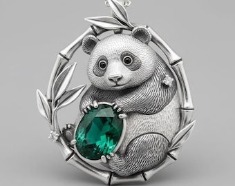 Collana con ciondolo a forma di panda, cerchio in bambù argentato con gemma verde, gioiello a forma di animale