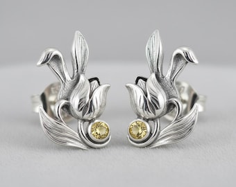 Silver Floral Stud Earrings with Yellow Gem Accent, Botanical Leaf Post Earrings