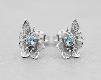 Butterfly Flower Stud Earrings Silver Blue Stone Nature Inspired Post Earrings