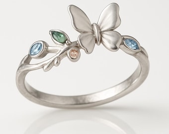 925 Sterling Silver Butterfly Ring Vine Band with Colorful Dewdrop Stones | Dainty Nature Jewelry Gift for Her