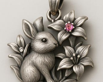 Rabbit Flower Pendant Necklace Silver Pink Stone Animal Floral Charm