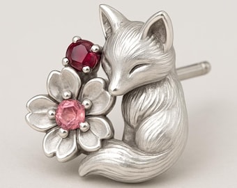 Fox Flower Stud Earring Silver Red Pink Gem Animal Floral Jewelry