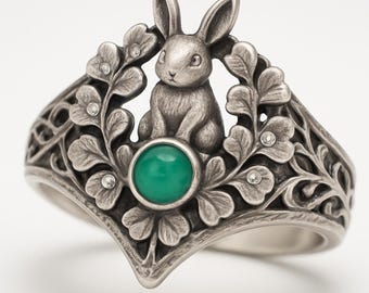 Anello con coniglietto in argento sterling e pietra verde – Anello di tendenza con motivo animale del bosco, gioiello con coniglio, regalo ispirato alla natura per lei