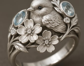 Bird Floral Ring 925 Sterling Silver Blue Stone Nature Statement Band