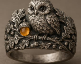 May include: A detailed silver ring featuring an owl perched on a branch with oak leaves and an acorn. The acorn has a yellow-orange gemstone. The ring has an antique, textured finish.