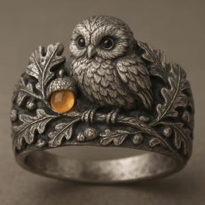Owl Ring, Silver Oak Leaf and Acorn Band with Amber Yellow Cabochon Accent