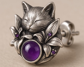 Cat Stud Earring Silver Purple Stone Floral Animal Ear Jewelry