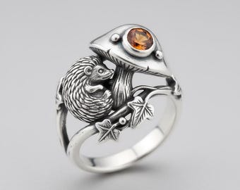 Hedgehog Mushroom Ring Silver Orange Stone Woodland Animal Band