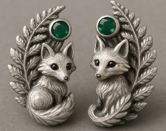 Fox Stud Earrings Silver Green Stone Woodland Leaf Animal Earrings