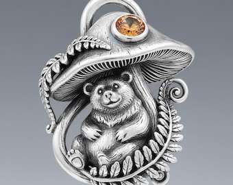 Bear Mushroom Pendant Silver Orange Gem Woodland Animal Forest Necklace Charm