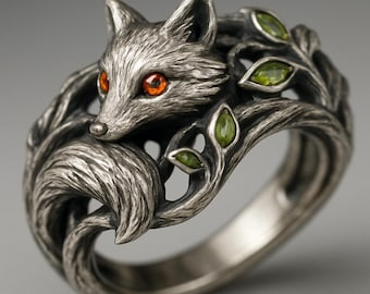 Sterling Silver Fox Ring with Ivy Vines & Green Leaf Gems | Woodland Animal Statement Ring | Fox Lover Gift
