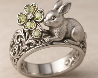 Anello con coniglio e fiore in argento sterling 925 con pietra verde e lavorazione a filigrana a forma di animale.