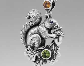 Squirrel Pendant Necklace Silver Acorn Oak Leaf Blue Eye Crystal