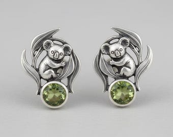 Koala Stud Earrings Silver Green Stone Animal Leaf Design
