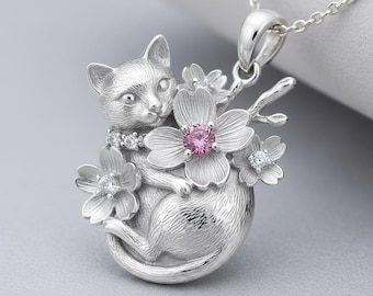 Cat Flower Pendant Necklace Silver Pink Stone Animal Charm Necklace