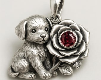 Silver Puppy Rose Pendant with Red Stone Dog Flower Charm Necklace
