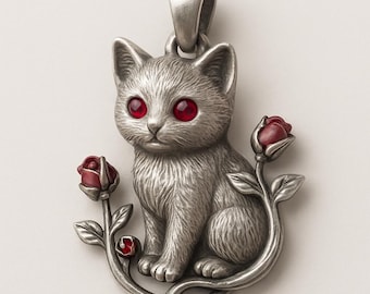Cat Pendant Necklace Silver Red Stone Eyes Rose Flower Charm
