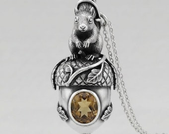 Squirrel Acorn Pendant Necklace Silver Woodland Animal Amber Color Stone