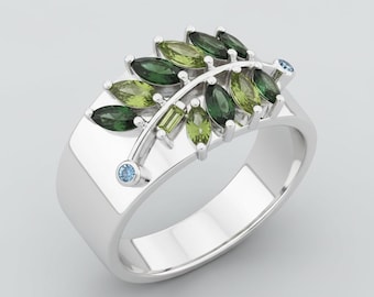 Sterling Silver Fern Ring • Green Leaf Wide Band • Botanical Nature Jewelry • Comfort Fit Low Profile Statement Ring