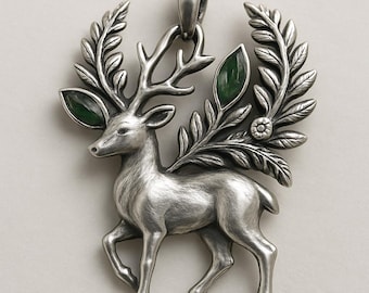 Deer Pendant Necklace Silver Stag Antler Forest Leaf Green Stone Charm