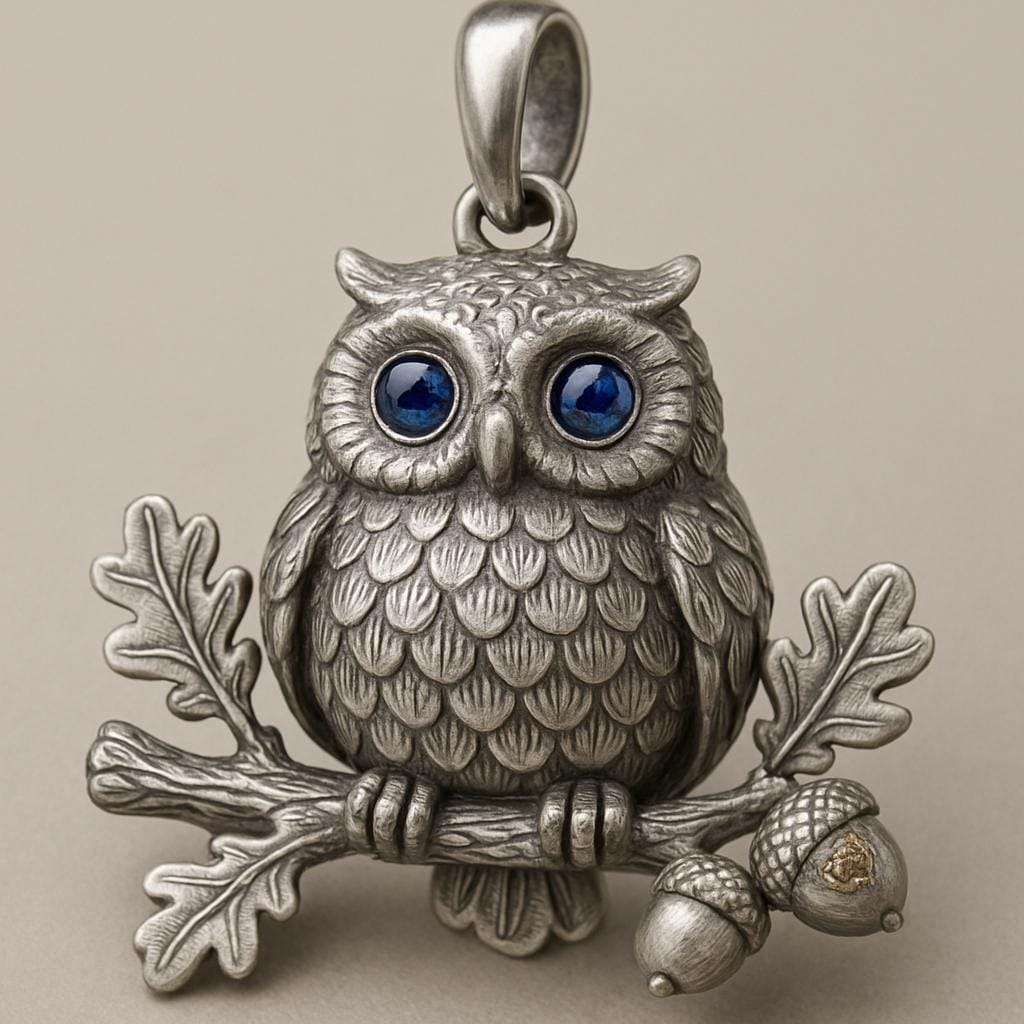 Sterling Silver Owl Pendant with Blue Crystal Eyes, Oak Leaf Branch & Acorn, Wise Owl Necklace C