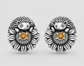 Hedgehog Sunflower Stud Earrings, Silver Animal Floral Earrings with Yellow Stone Accent