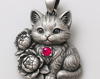 Cat Pendant Necklace Silver Kitten Charm with Pink Stone and Flower Design