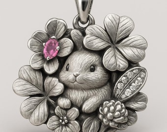Sterling Silver Bunny Clover Pendant • Cute Rabbit Floral Charm with Pink Crystal & Sparkling Stones, Lucky Four Leaf Necklace