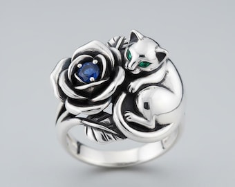 Cat Rose Ring Silver Blue Stone Green Eyes Floral Animal Statement Ring