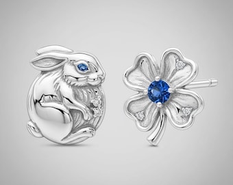 Silver Rabbit Clover Stud Earrings with Blue Stone Asymmetrical Nature Design