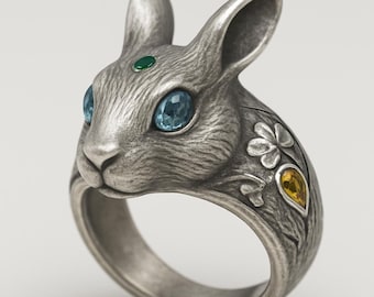 Anello in argento sterling con coniglio, occhi azzurri, trifoglio e citrino – Fascia con animali della foresta