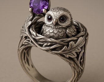 Sterling Silver Owl Ring with Amethyst Purple Stone, Woodland Animal Statement Ring, Nature Fantasy Jewelry Gift for Her