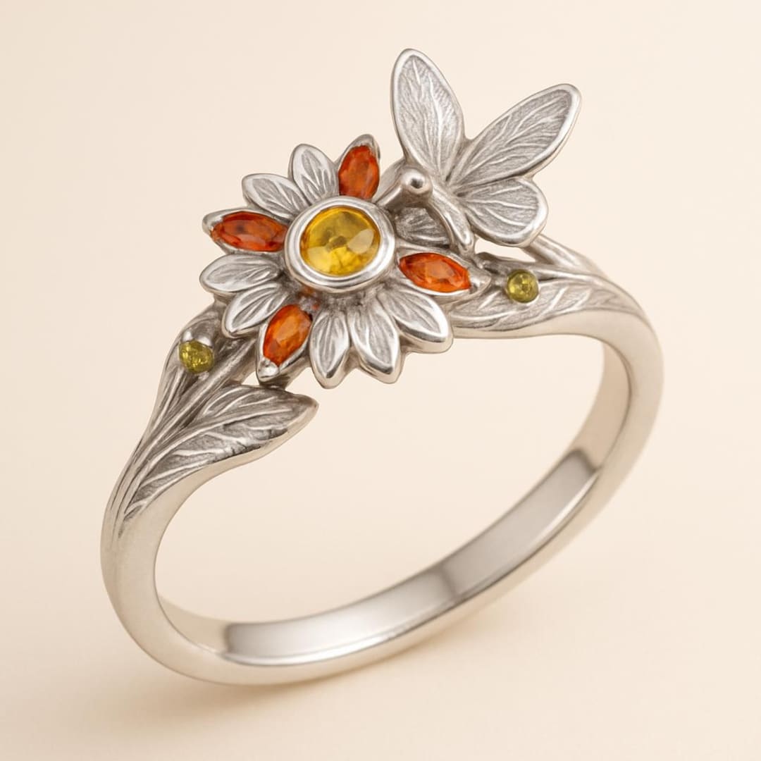 Flowers Rings Firefly Sterling Silver Sunflower Butterfly Ring, Nature Inspired Floral Ring ...