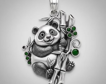 Panda Bamboo Pendant Silver Green Stone Animal Charm Necklace Pendant