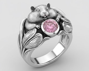 Hamster Ring Silver Pink Stone Animal Floral Statement Band
