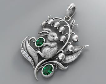 Rabbit Flower Pendant Silver Green Stone Floral Animal Necklace Charm