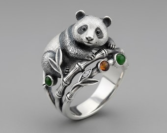 Silver Panda Bamboo Ring with Green and Orange Stone Accent