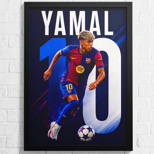 May include: Framed poster featuring a soccer player in a red and blue jersey with the number 10. The player is dribbling a soccer ball. The name "YAMAL" is printed in white at the top, with a large blue number 10 behind the player.