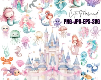 Mermaid SVG PNG Bundle, Ocean Princess Clipart, Under the Sea Cut Files (Digital Download)