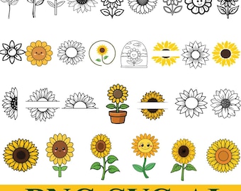 Sunflower SVG PNG Bundle, Floral Cut Files, Rustic Sunflower Designs, Summer Flower SVG Bundle, Cricut Silhouette Digital Download