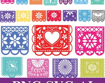Papel Picado SVG Png Bundle, Mexican Fiesta Banner Cut Files, Cinco de Mayo SVG Bundle, Floral Papel Picado PNG, Cricut Silhouette Download